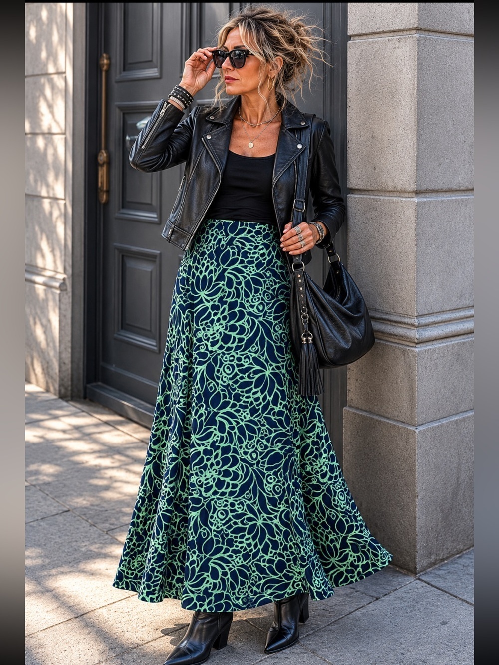 Talbots - navy & green print maxi skirt - size 3Xp